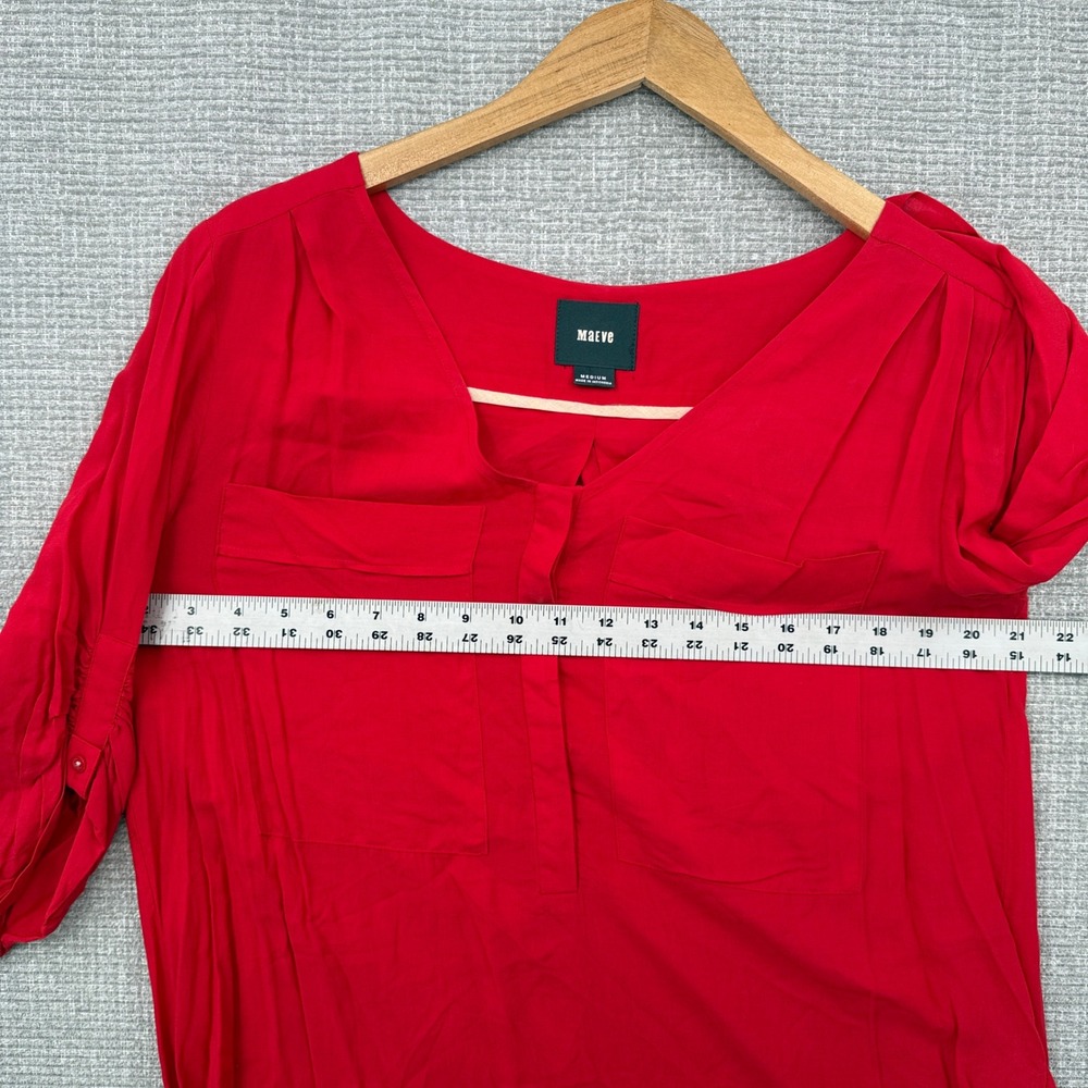 Maeve Red Blouse 3/4 Roll Tab Sleeve Pockets V-Neck Casual Top Sz‎ M Y2K Relaxed - Picture 3 of 10